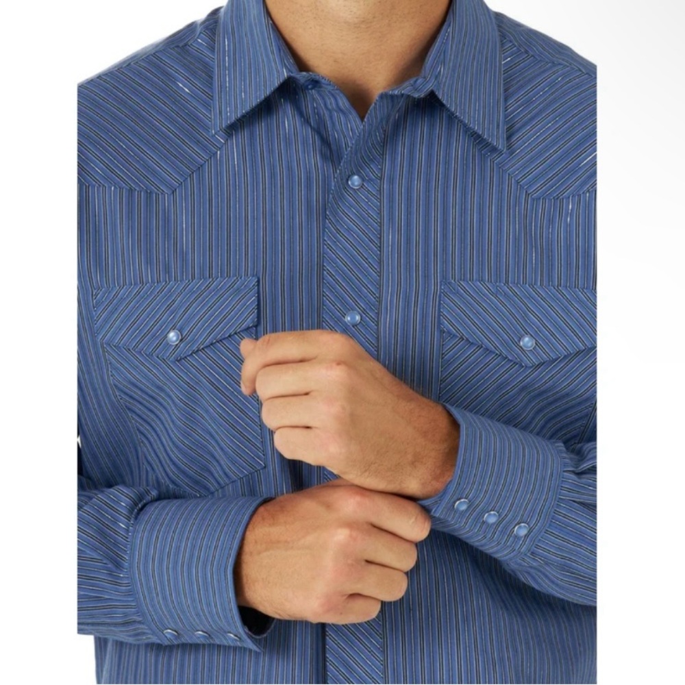 wrangler blue shimmer striped pearl snap shirt - Picture 3 of 12